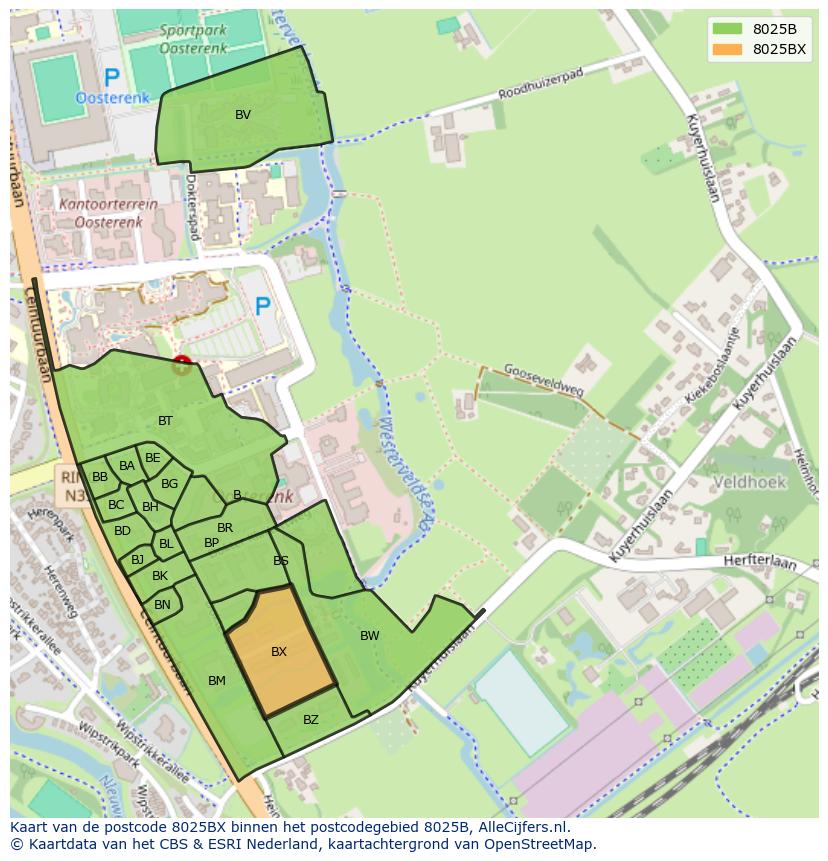 Afbeelding van het postcodegebied 8025 BX op de kaart.