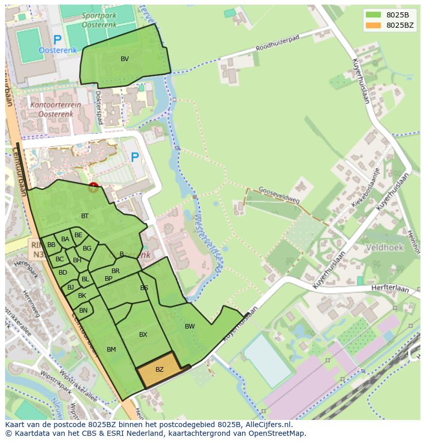 Afbeelding van het postcodegebied 8025 BZ op de kaart.