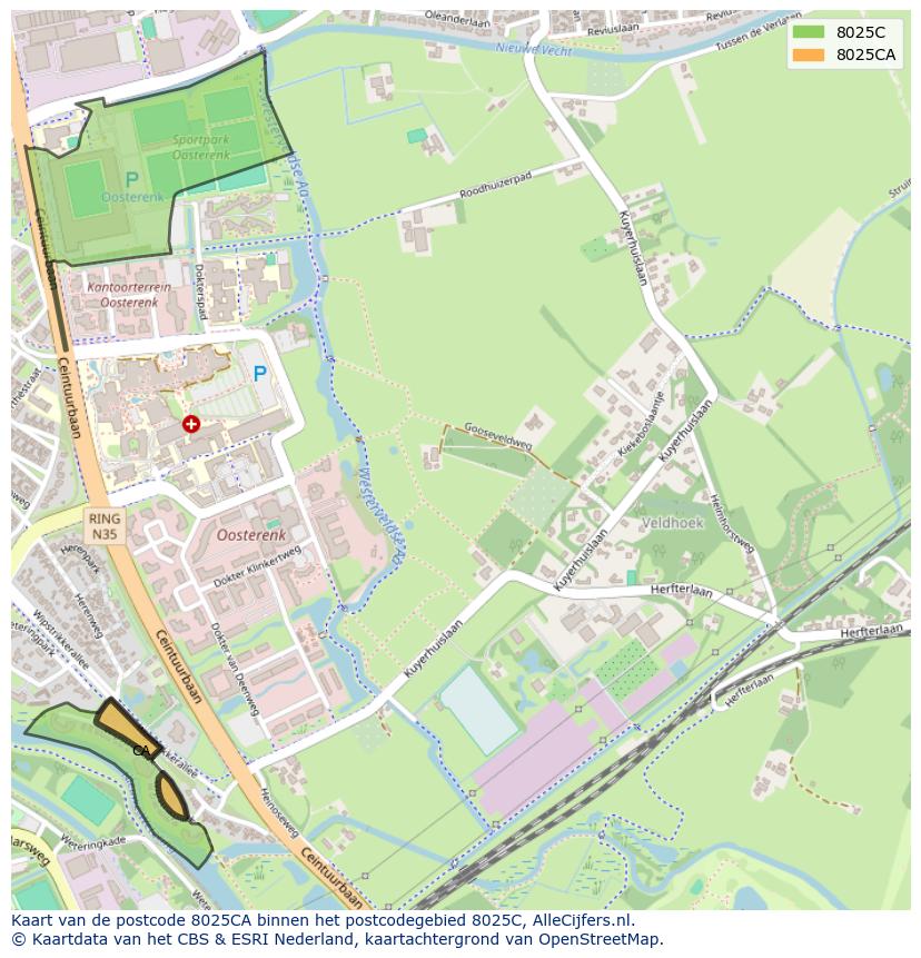 Afbeelding van het postcodegebied 8025 CA op de kaart.