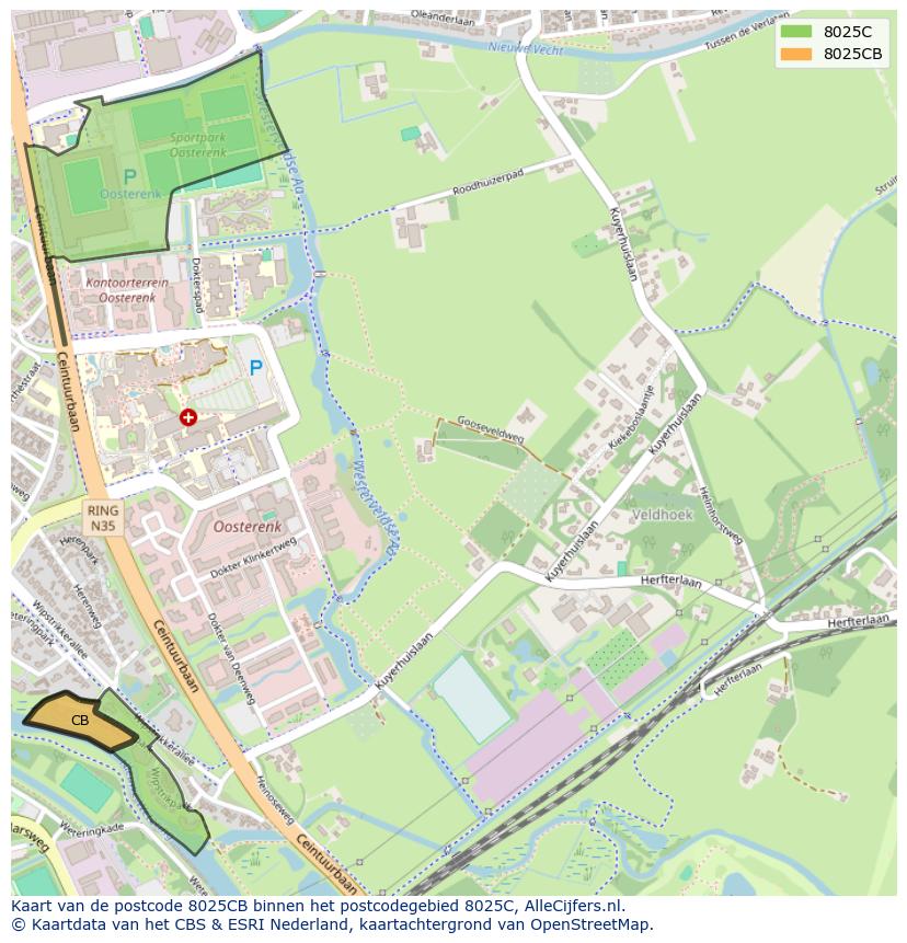 Afbeelding van het postcodegebied 8025 CB op de kaart.