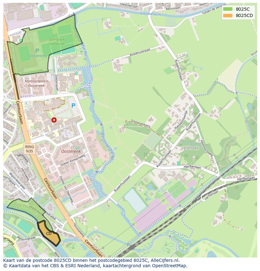 Afbeelding van het postcodegebied 8025 CD op de kaart.