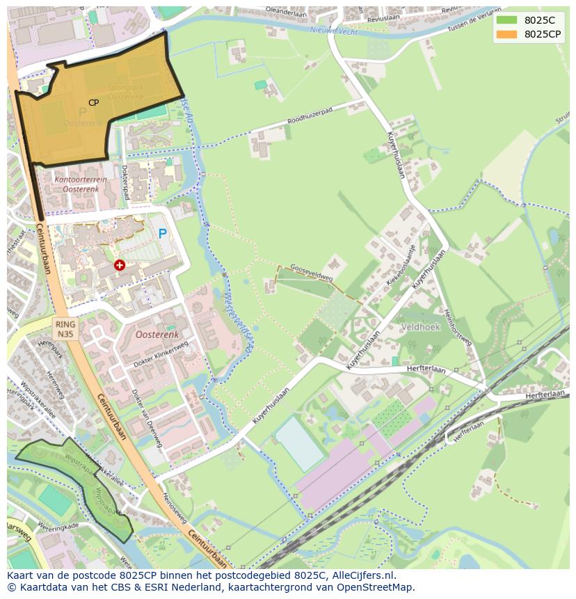 Afbeelding van het postcodegebied 8025 CP op de kaart.