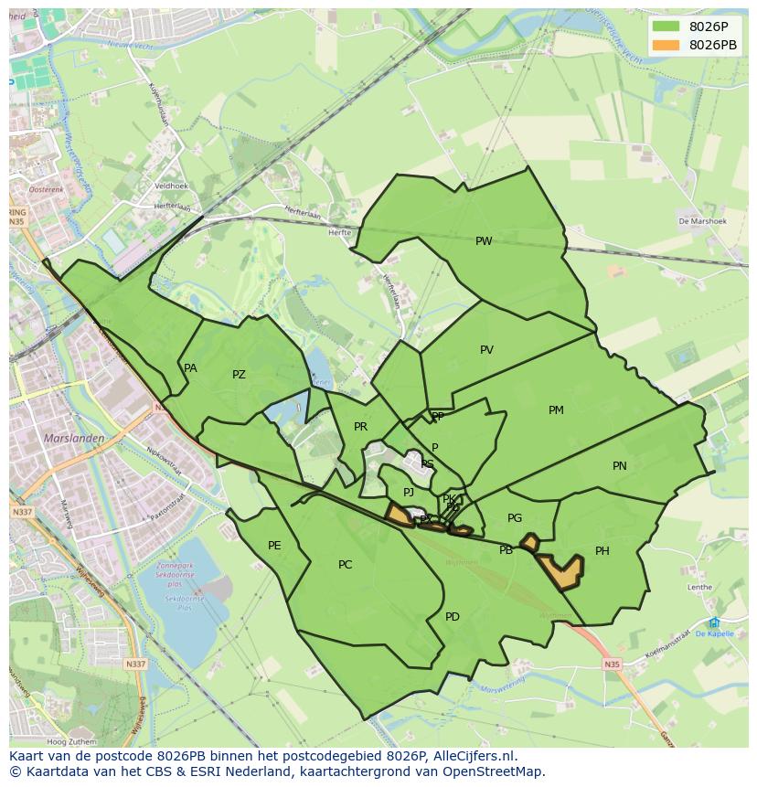 Afbeelding van het postcodegebied 8026 PB op de kaart.