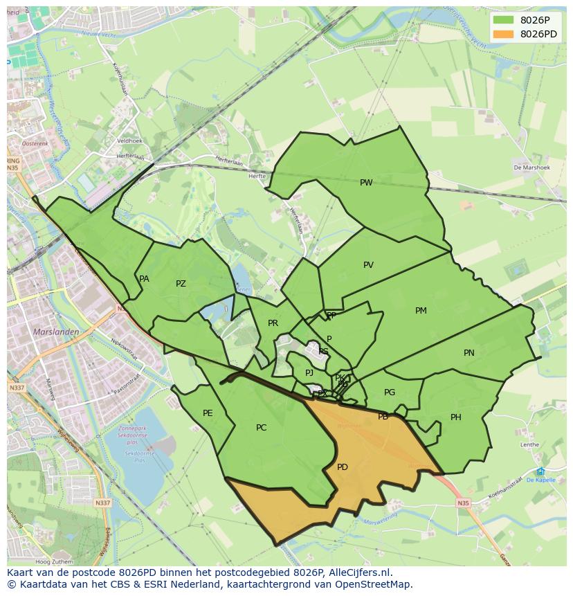 Afbeelding van het postcodegebied 8026 PD op de kaart.