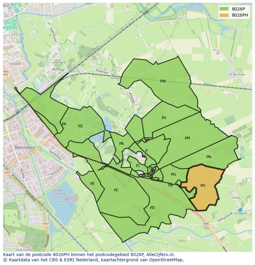 Afbeelding van het postcodegebied 8026 PH op de kaart.
