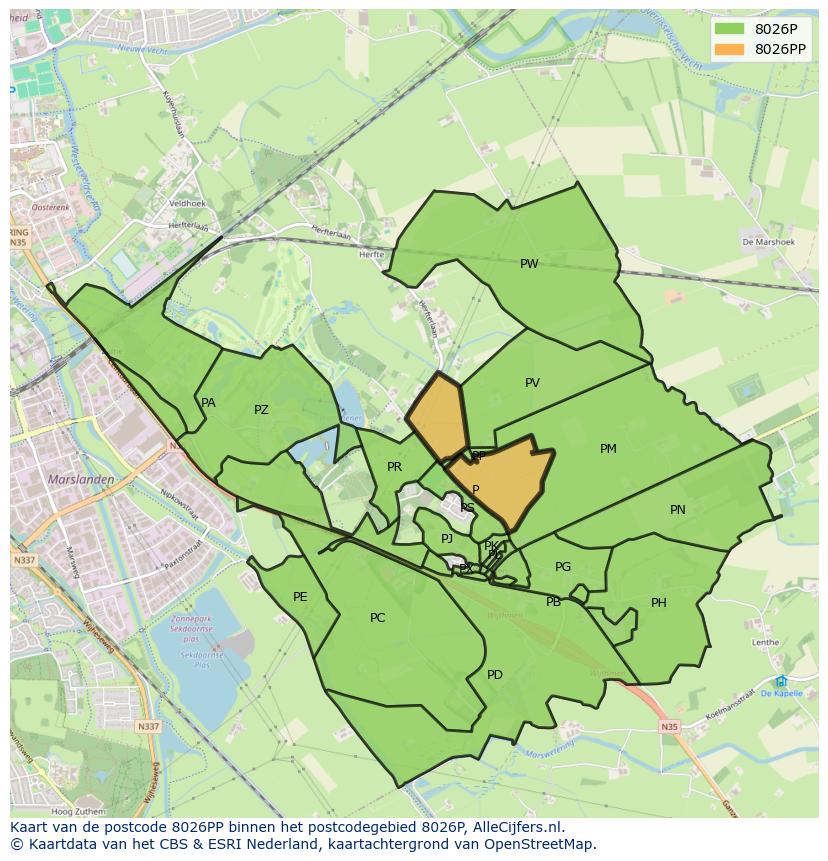 Afbeelding van het postcodegebied 8026 PP op de kaart.