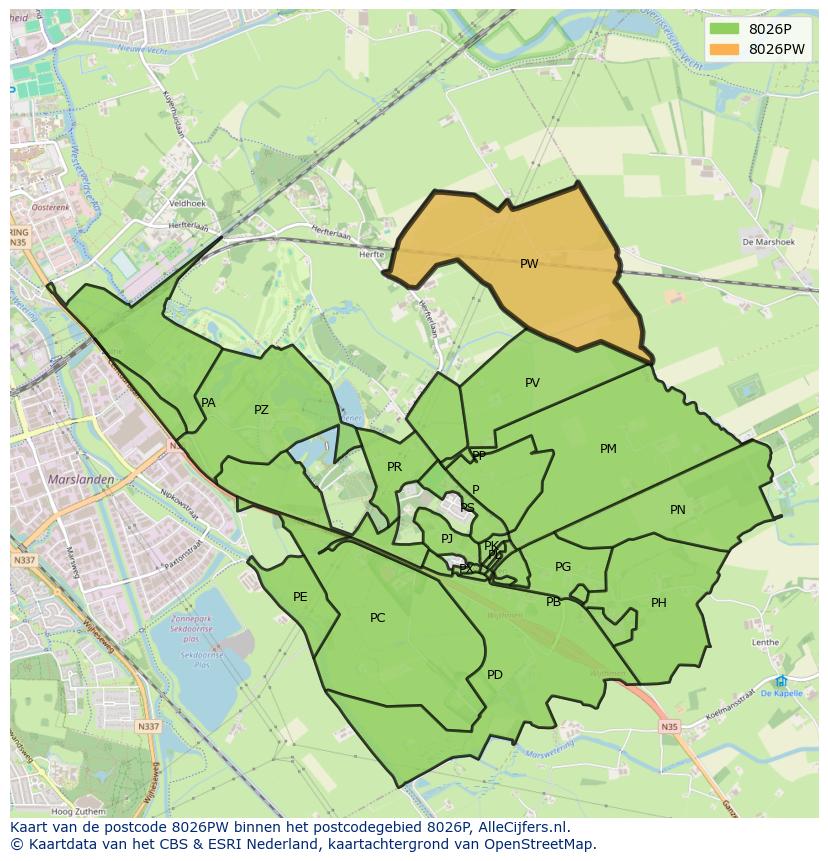 Afbeelding van het postcodegebied 8026 PW op de kaart.
