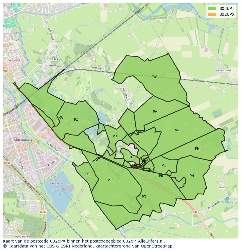 Afbeelding van het postcodegebied 8026 PX op de kaart.