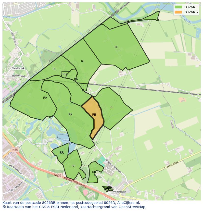 Afbeelding van het postcodegebied 8026 RB op de kaart.