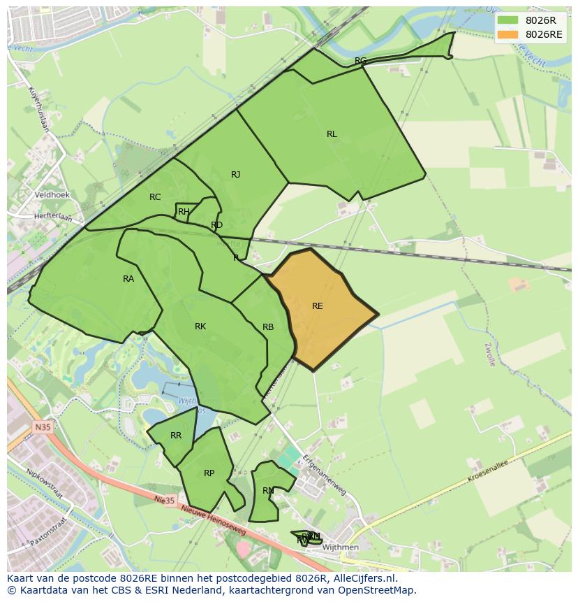 Afbeelding van het postcodegebied 8026 RE op de kaart.