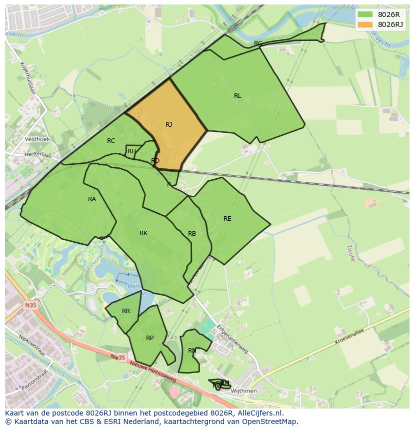Afbeelding van het postcodegebied 8026 RJ op de kaart.
