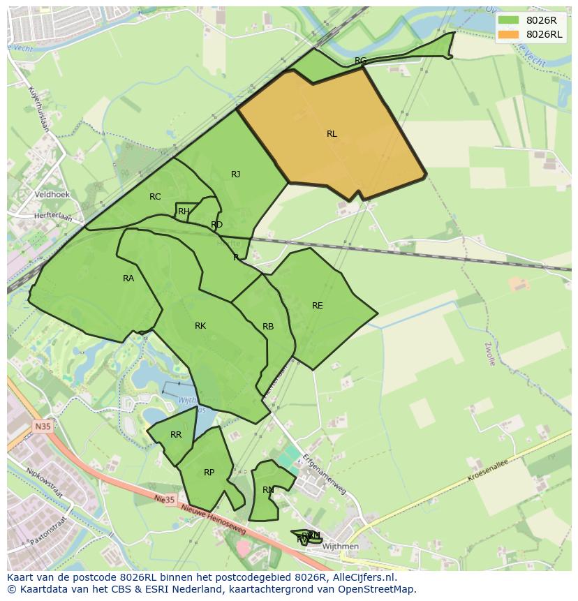 Afbeelding van het postcodegebied 8026 RL op de kaart.