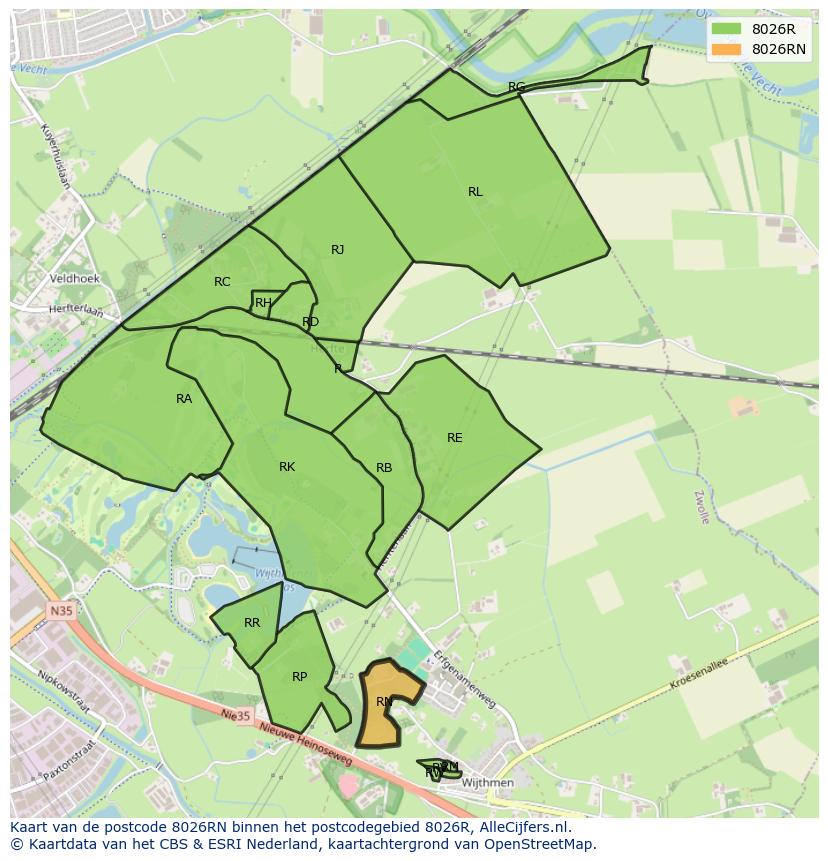 Afbeelding van het postcodegebied 8026 RN op de kaart.