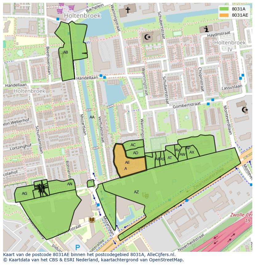 Afbeelding van het postcodegebied 8031 AE op de kaart.