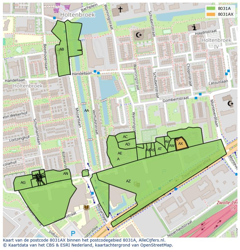 Afbeelding van het postcodegebied 8031 AX op de kaart.