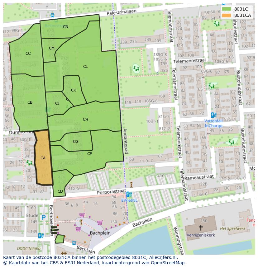 Afbeelding van het postcodegebied 8031 CA op de kaart.