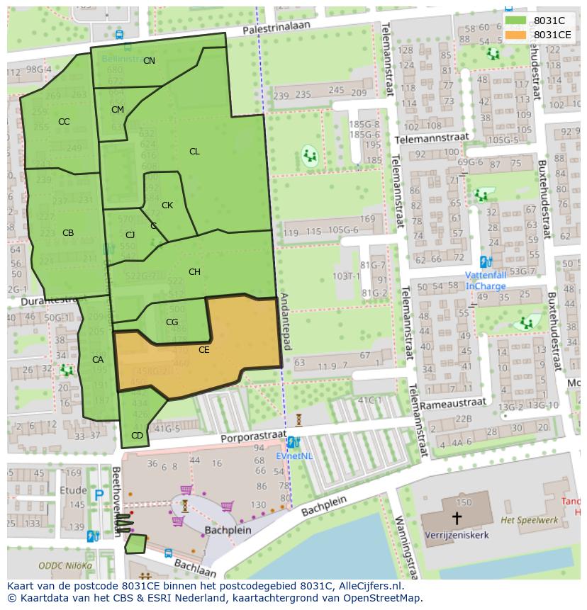 Afbeelding van het postcodegebied 8031 CE op de kaart.