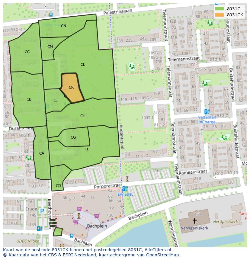 Afbeelding van het postcodegebied 8031 CK op de kaart.