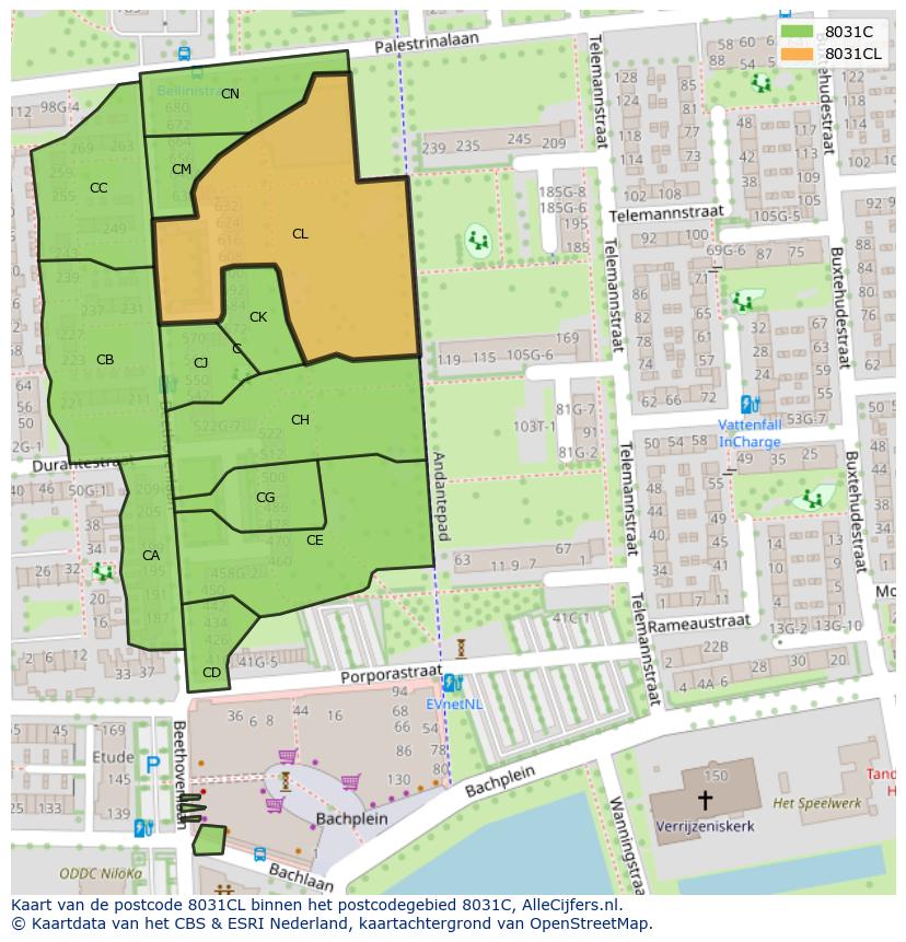 Afbeelding van het postcodegebied 8031 CL op de kaart.