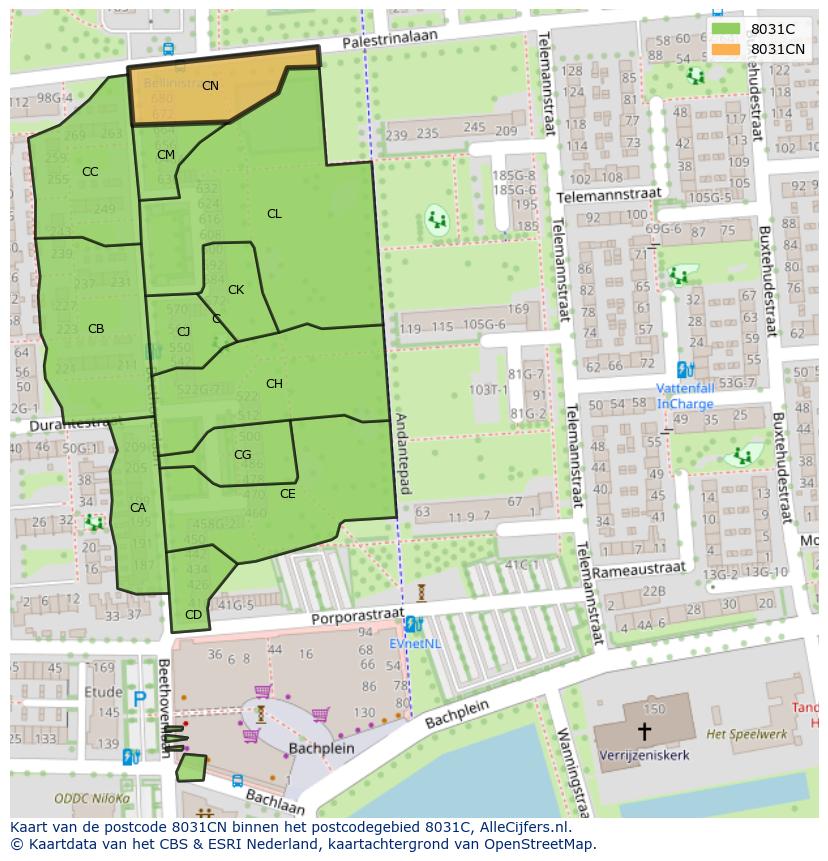Afbeelding van het postcodegebied 8031 CN op de kaart.