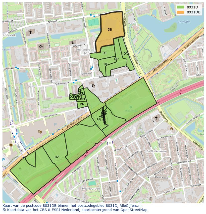 Afbeelding van het postcodegebied 8031 DB op de kaart.