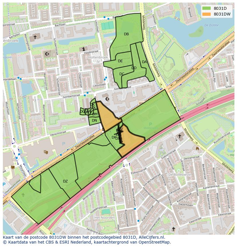 Afbeelding van het postcodegebied 8031 DW op de kaart.