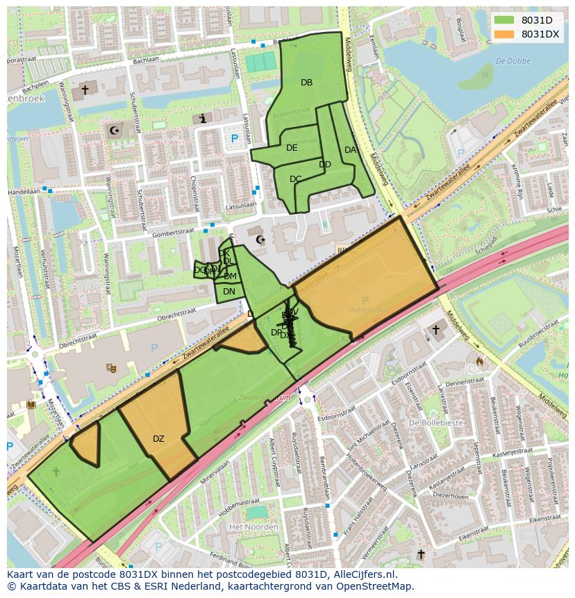 Afbeelding van het postcodegebied 8031 DX op de kaart.