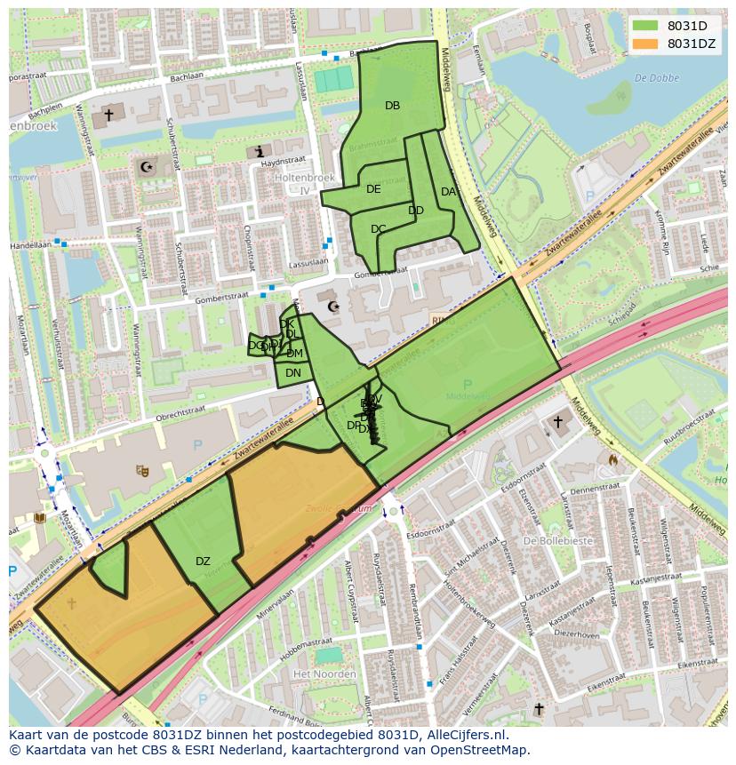Afbeelding van het postcodegebied 8031 DZ op de kaart.