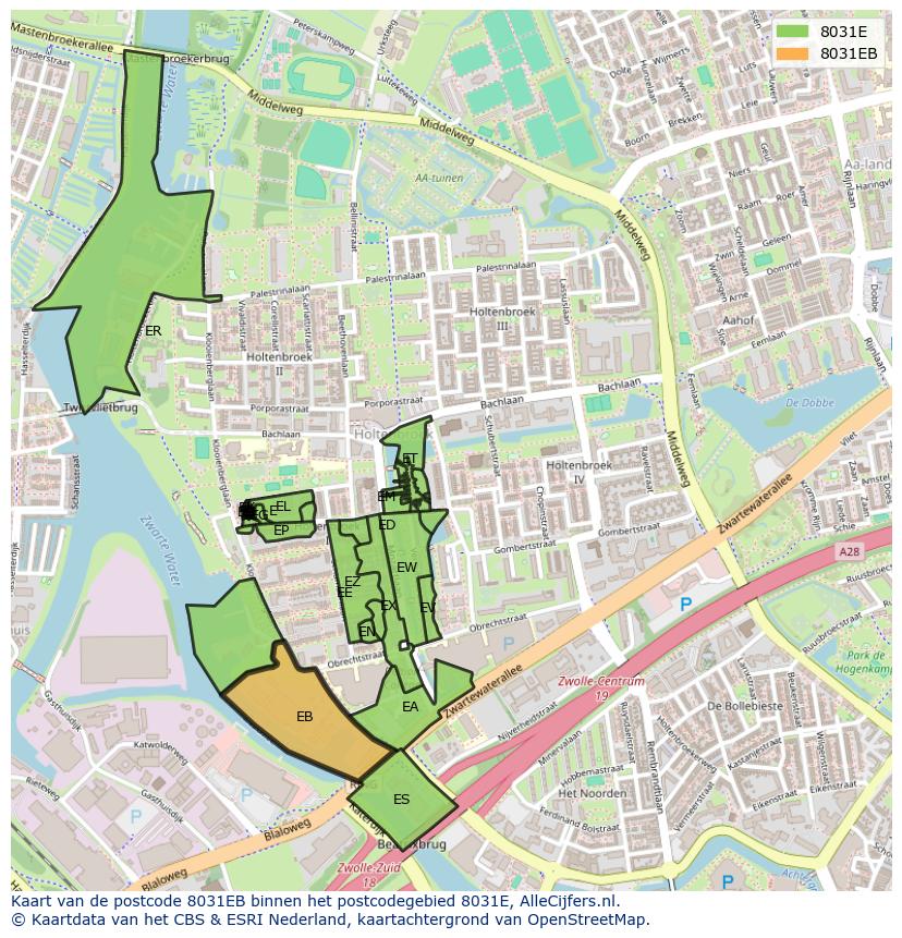 Afbeelding van het postcodegebied 8031 EB op de kaart.