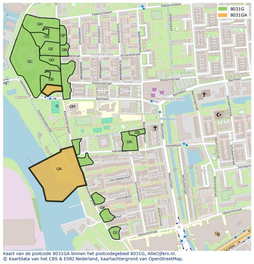 Afbeelding van het postcodegebied 8031 GA op de kaart.