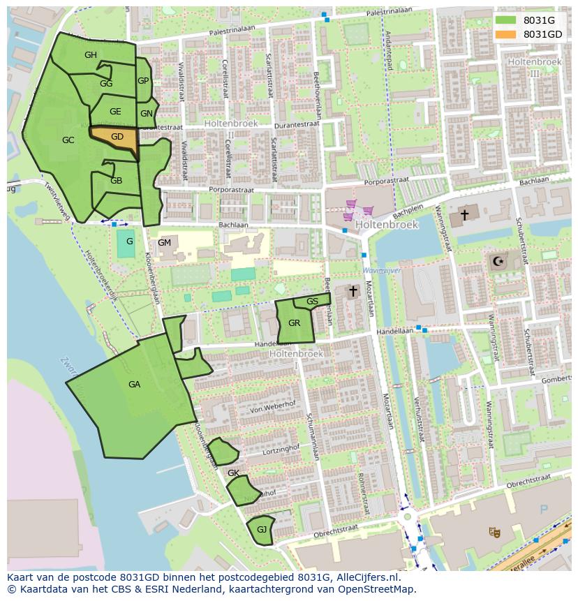 Afbeelding van het postcodegebied 8031 GD op de kaart.