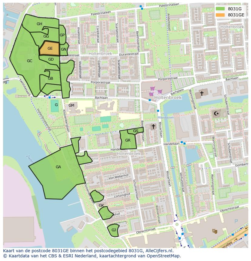 Afbeelding van het postcodegebied 8031 GE op de kaart.