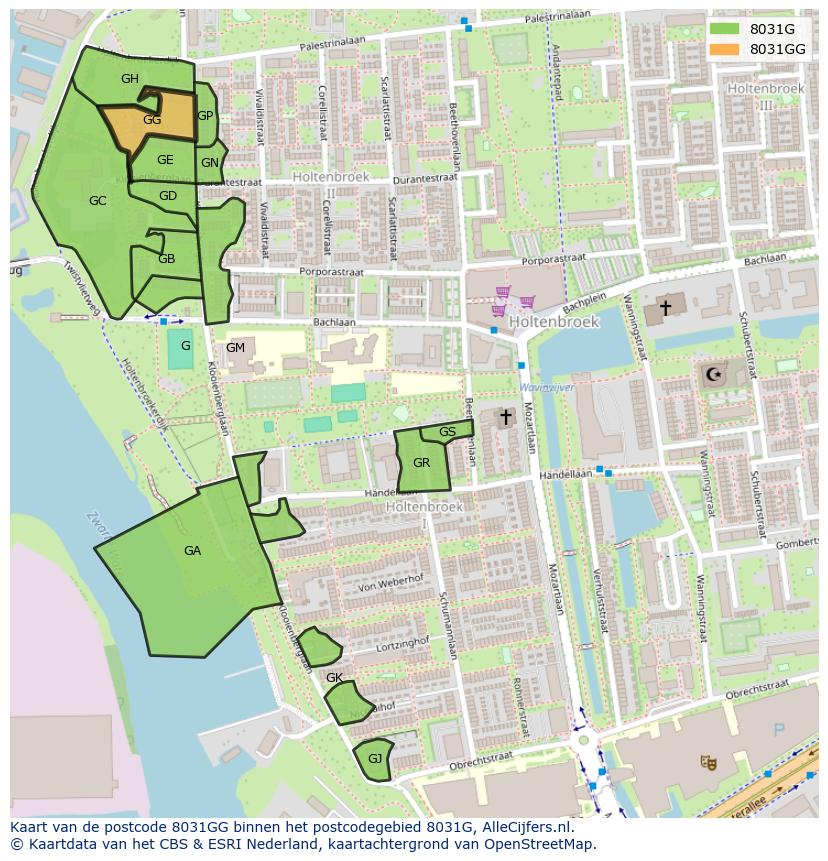 Afbeelding van het postcodegebied 8031 GG op de kaart.