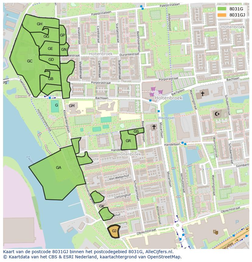 Afbeelding van het postcodegebied 8031 GJ op de kaart.