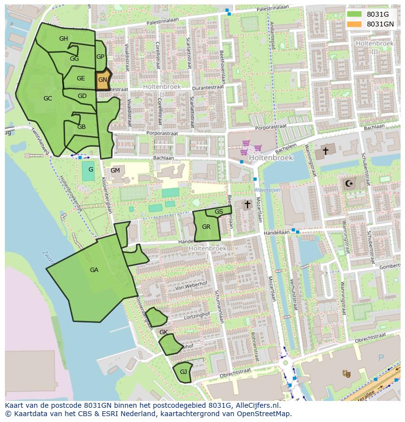 Afbeelding van het postcodegebied 8031 GN op de kaart.