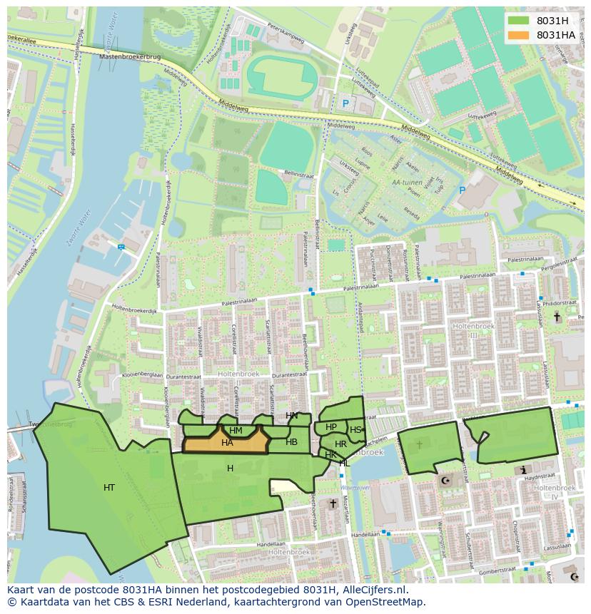 Afbeelding van het postcodegebied 8031 HA op de kaart.