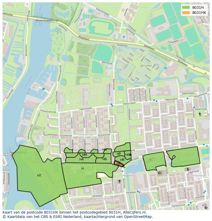 Afbeelding van het postcodegebied 8031 HK op de kaart.