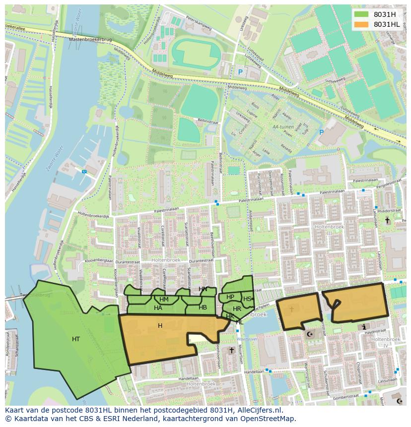 Afbeelding van het postcodegebied 8031 HL op de kaart.