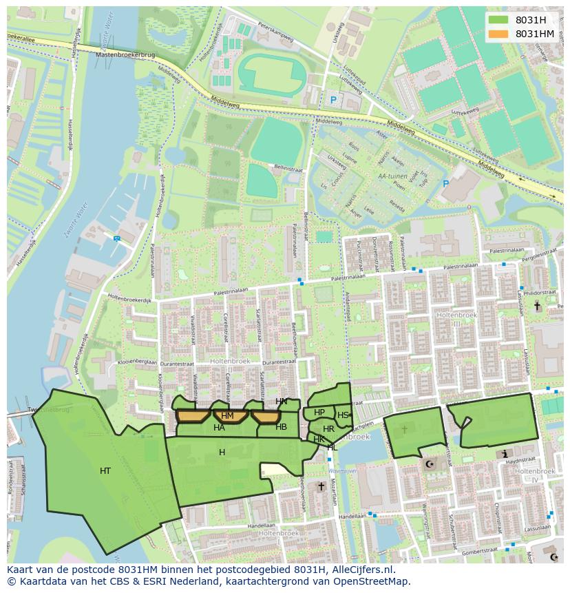 Afbeelding van het postcodegebied 8031 HM op de kaart.