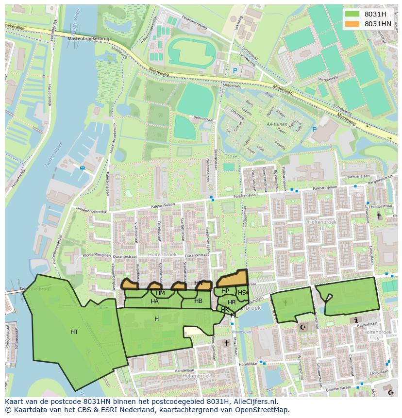 Afbeelding van het postcodegebied 8031 HN op de kaart.