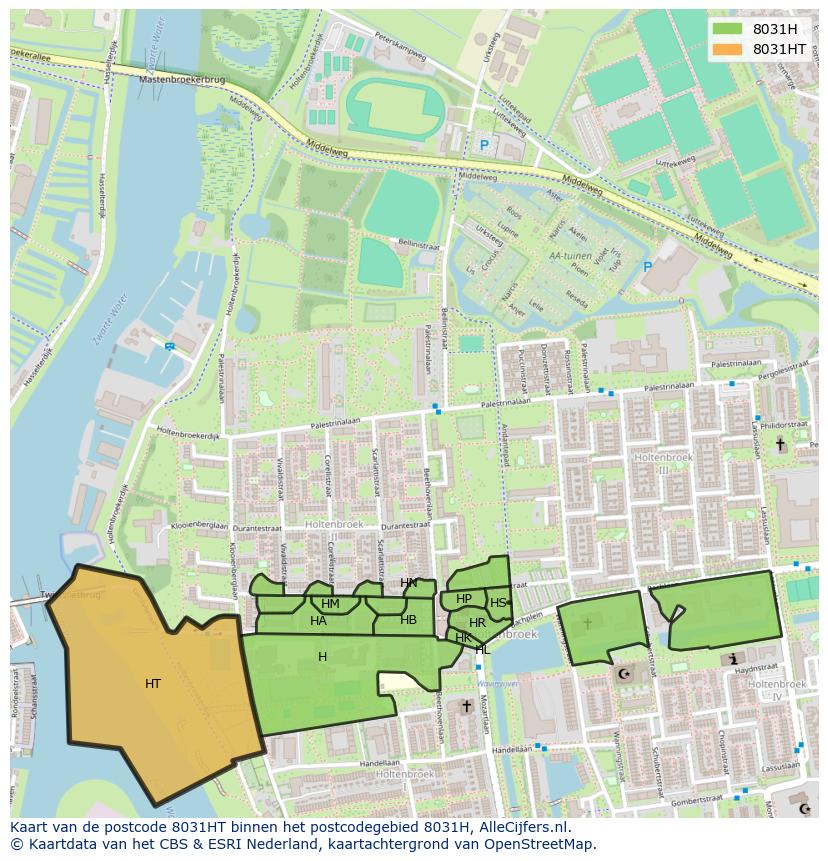 Afbeelding van het postcodegebied 8031 HT op de kaart.