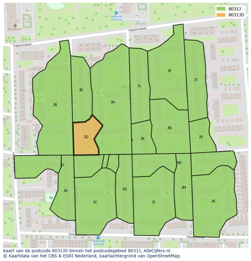 Afbeelding van het postcodegebied 8031 JD op de kaart.