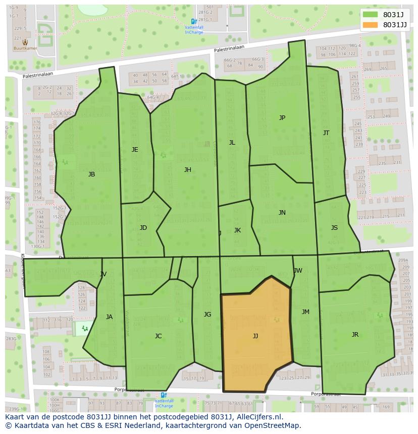 Afbeelding van het postcodegebied 8031 JJ op de kaart.