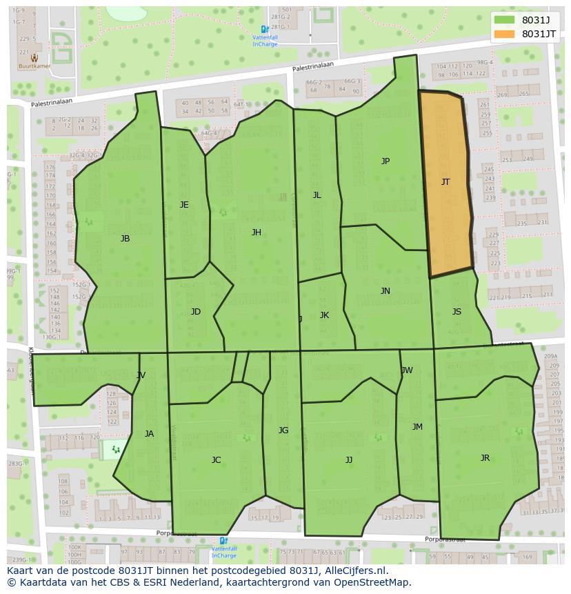 Afbeelding van het postcodegebied 8031 JT op de kaart.