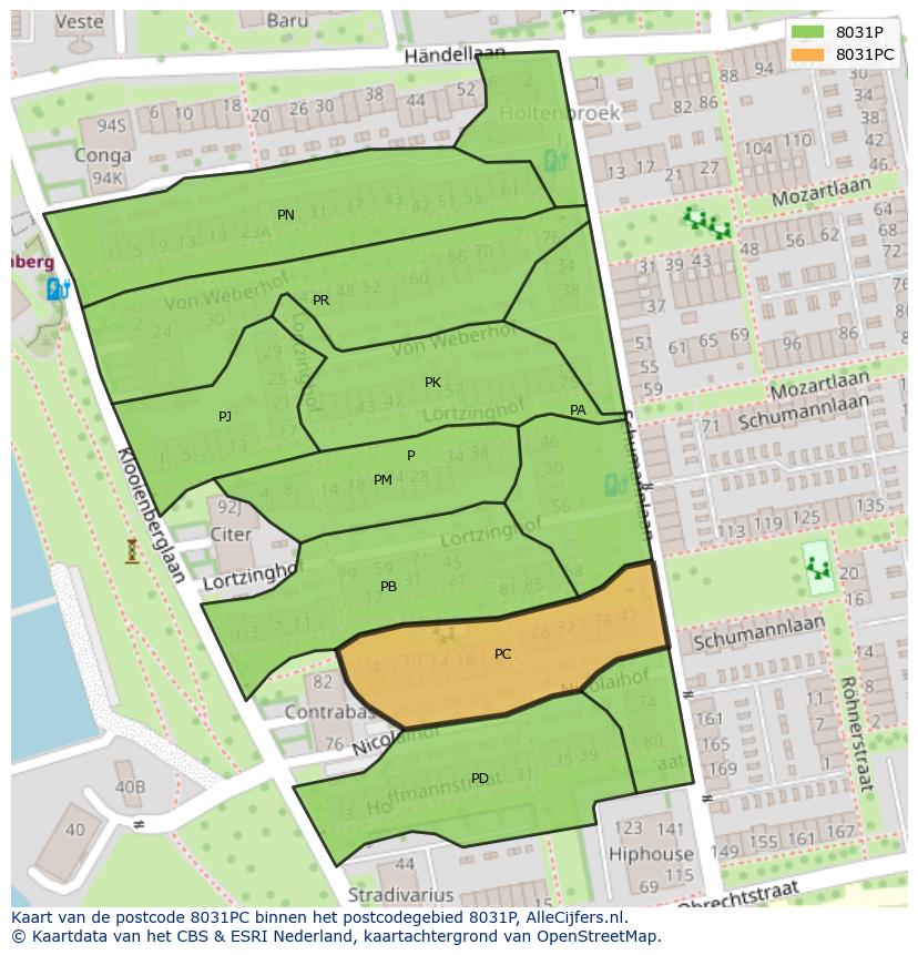 Afbeelding van het postcodegebied 8031 PC op de kaart.