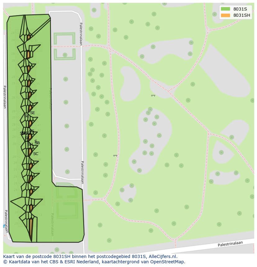 Afbeelding van het postcodegebied 8031 SH op de kaart.