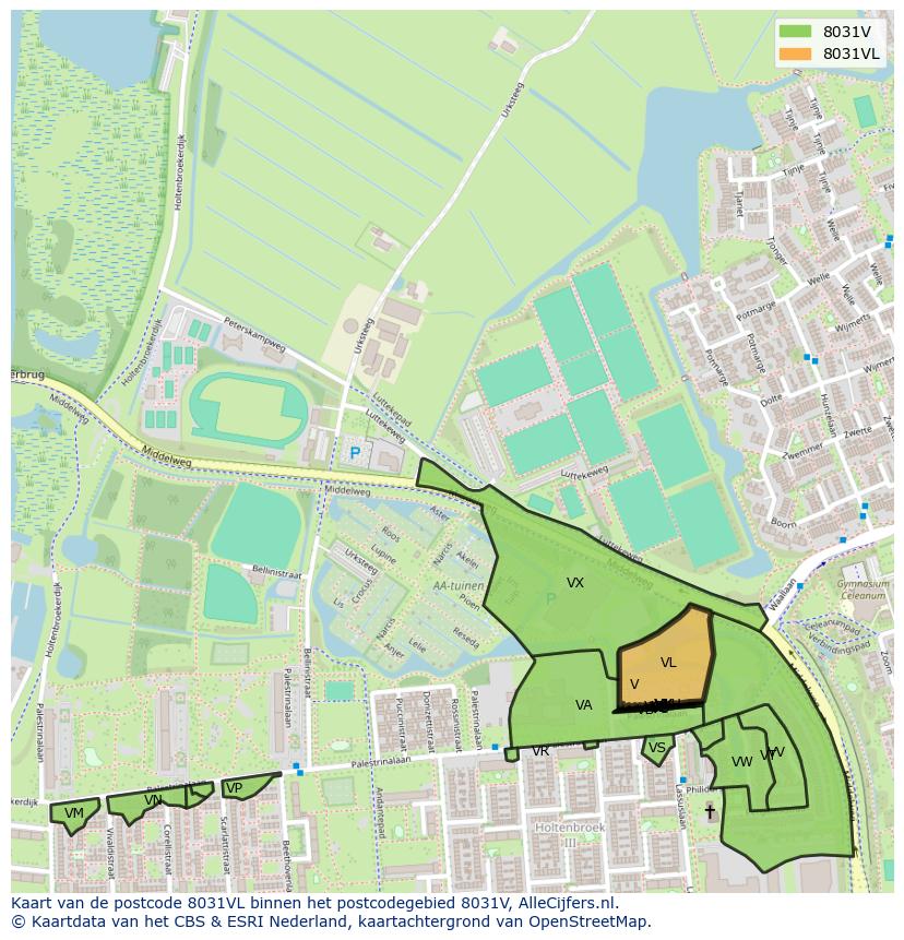 Afbeelding van het postcodegebied 8031 VL op de kaart.