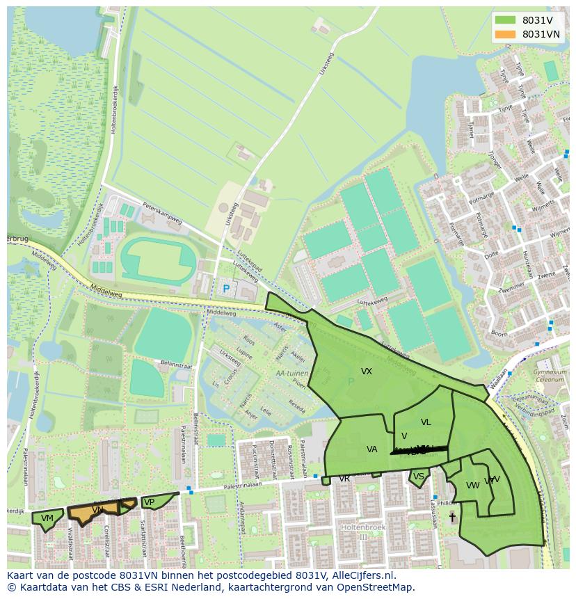 Afbeelding van het postcodegebied 8031 VN op de kaart.