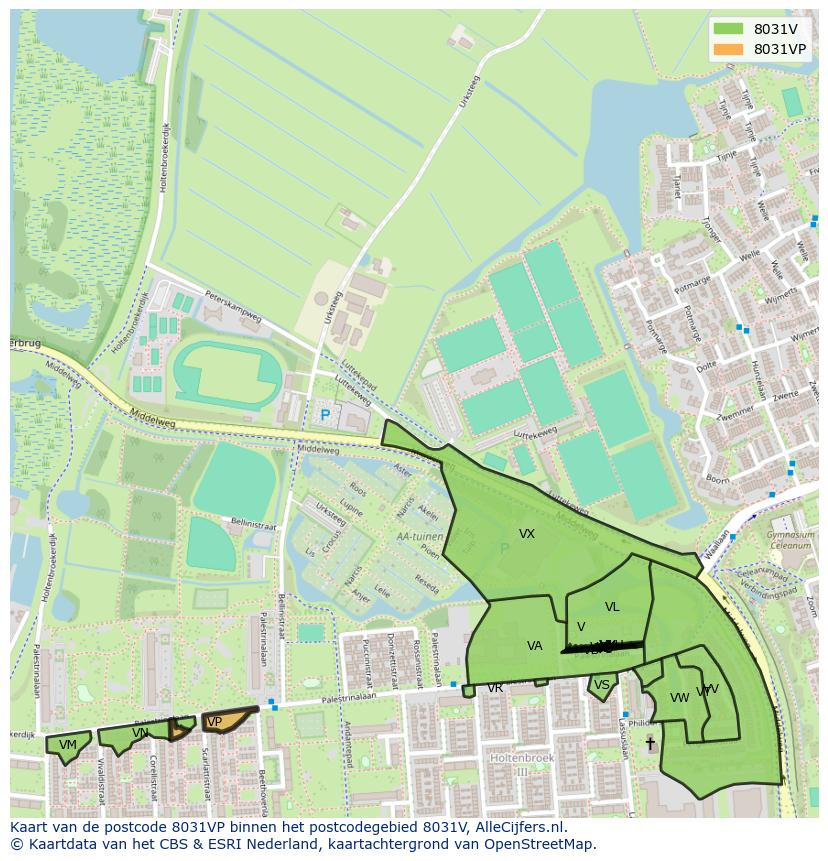 Afbeelding van het postcodegebied 8031 VP op de kaart.