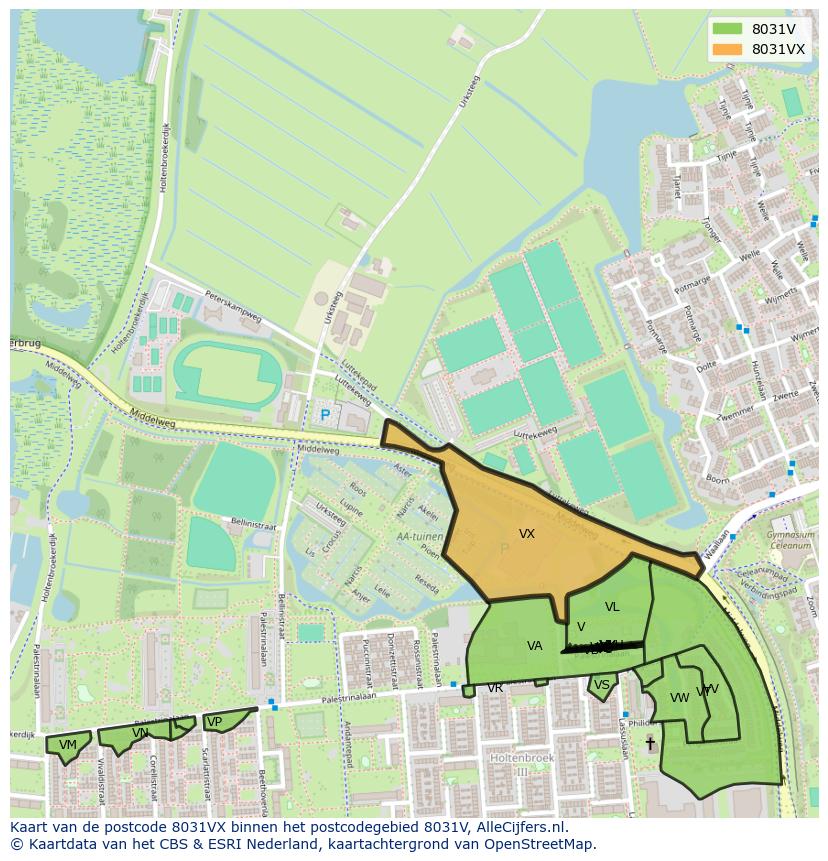 Afbeelding van het postcodegebied 8031 VX op de kaart.